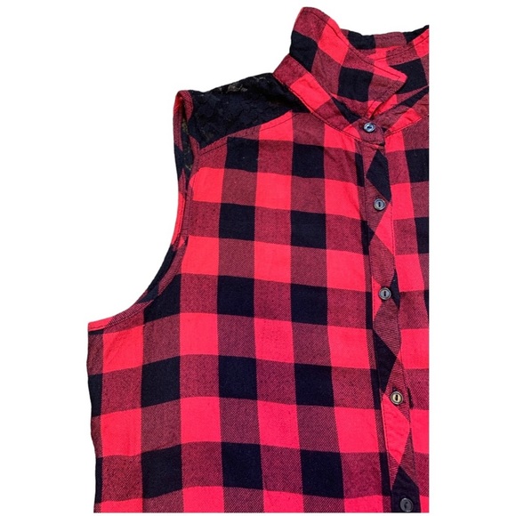 NO BOUNDARIES Buffalo Plaid Shirt With Lace Tie Front Red Ladies Sz Small/Girls - Picture 4 of 9